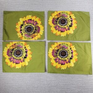 Sunflower Placemats Green Floral Reversible Striped Table Linens Set of 4 NEW
